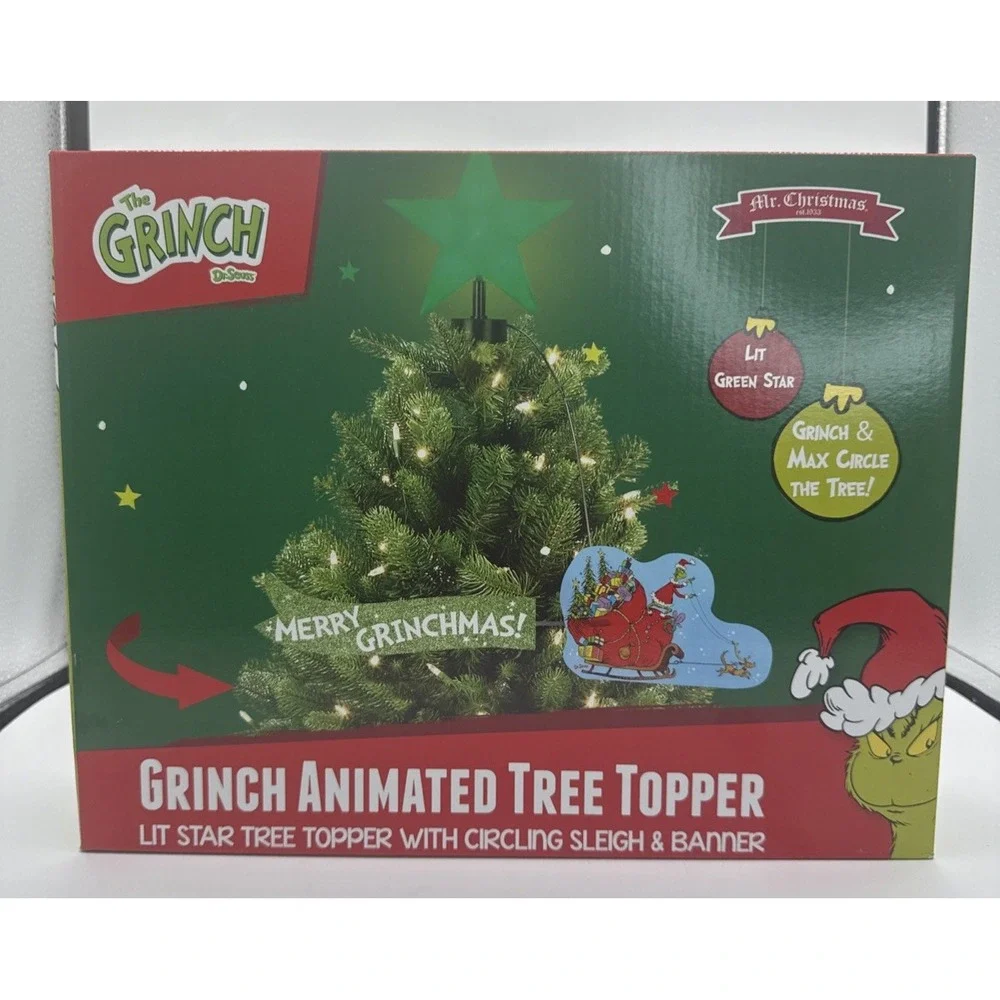 Grinch Animated Christmas Tree Topper Lit Star & Circling Sleigh Mr. Christmas